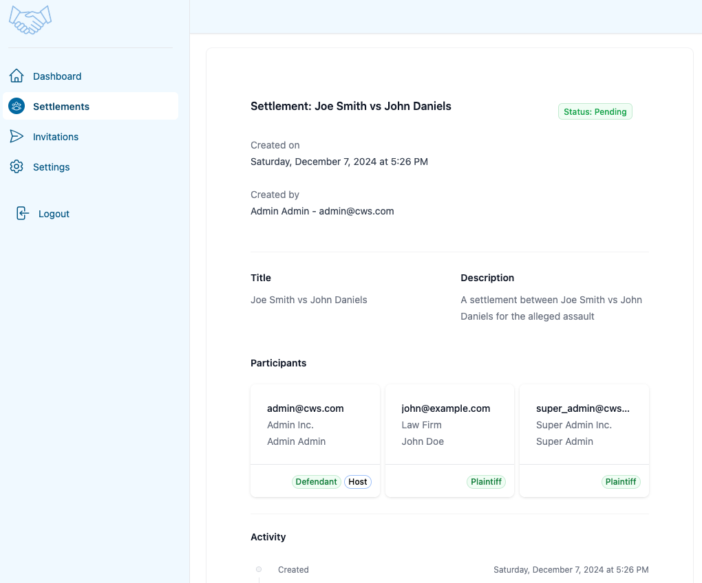 A settlement detail screen in Can We Settle showing the parties, the demand and offer ranges, and the resulting settlement amount