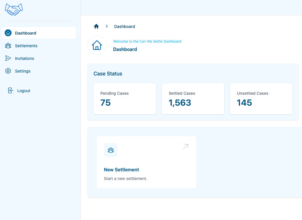 The Can We Settle dashboard listing a user's active settlements and their current status